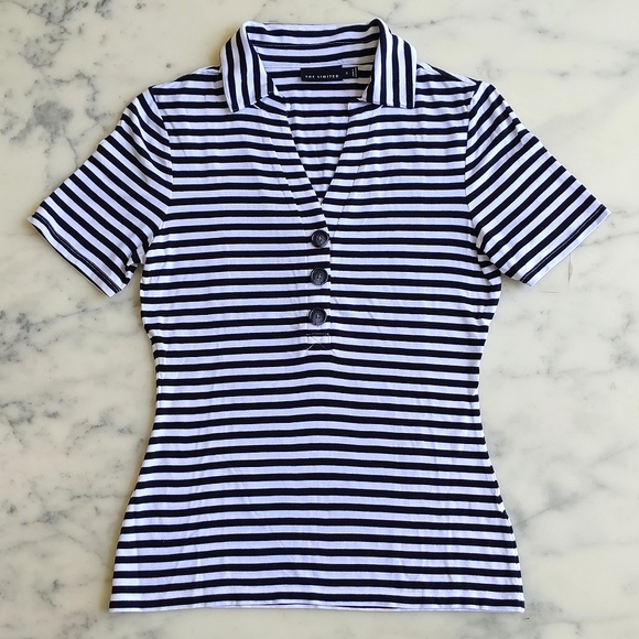 NWOT. The Limited Rayon and Spandex Black and white Stripes Short Sleeve Polo. - Picture 3 of 4